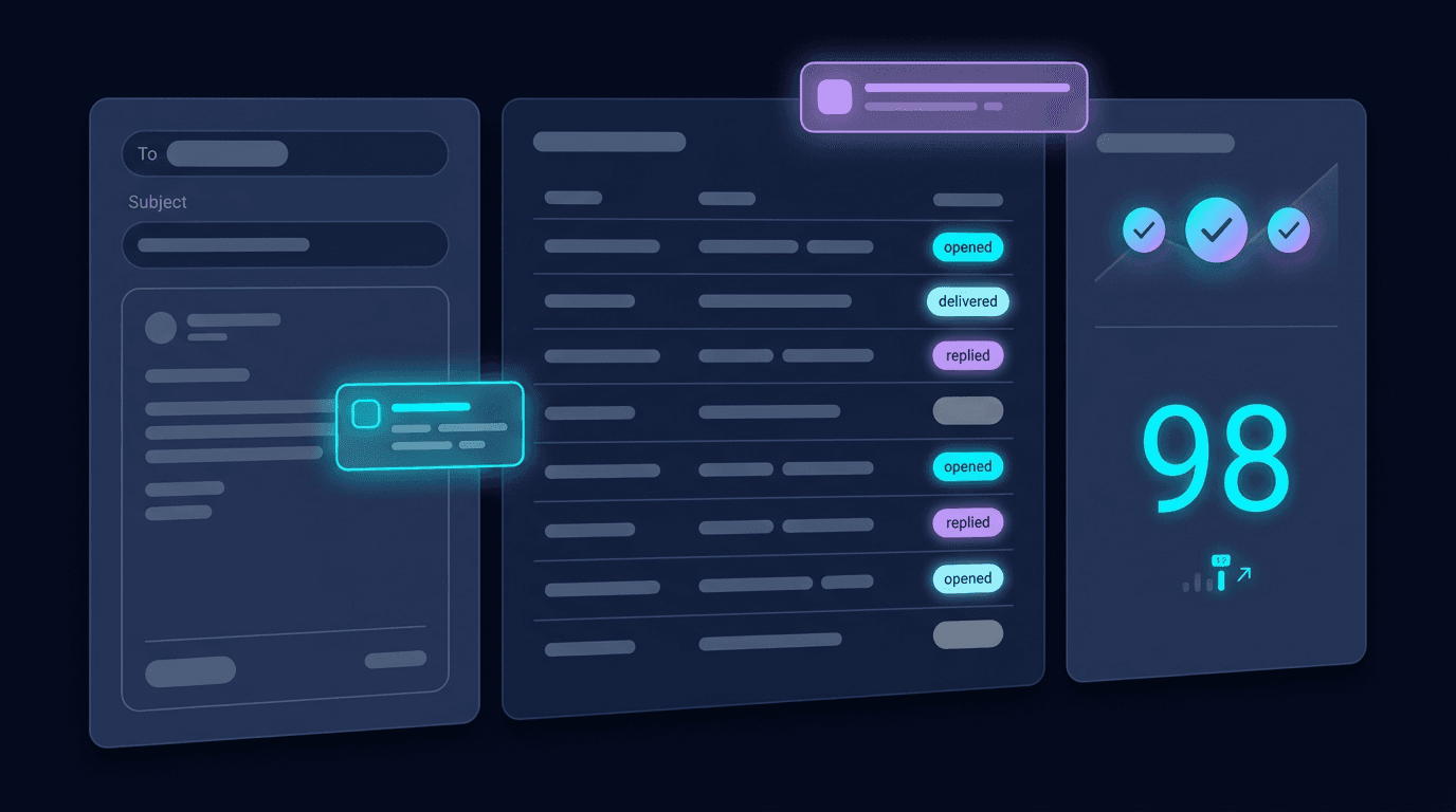 KolMatrix email center — composer, send tracking, and deliverability compliance dashboard